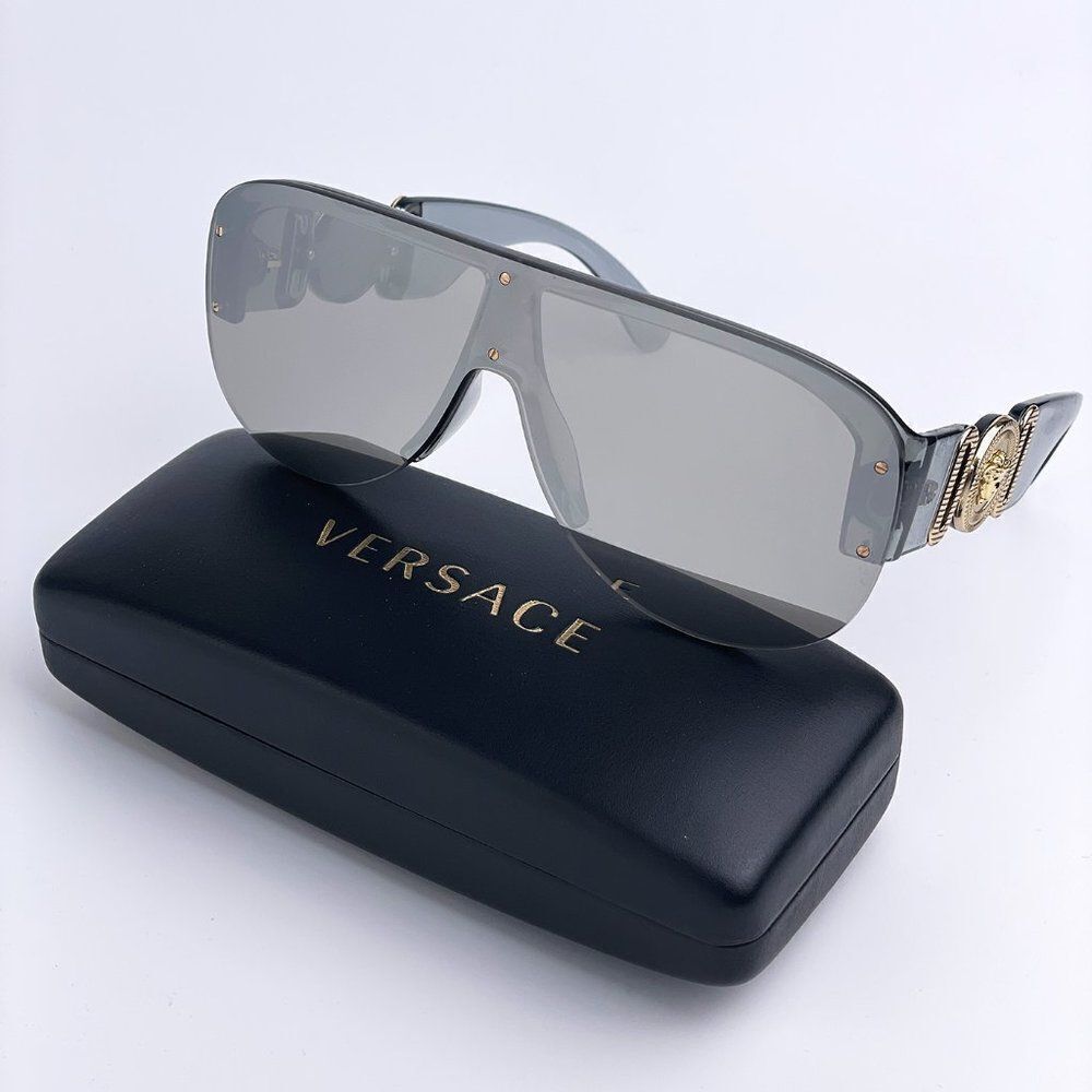 NEW Versace VE4391 311/6G Clear Gray Silver Mirrored Shield Men Sunglasses
